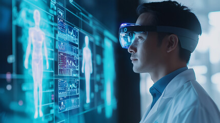 Asian Doctors Utilizing AR Glasses for Remote Diagnosis with Virtual Screens Showing Patient Vital Sign Data and Intelligent Devices in Blurred Backgrounds