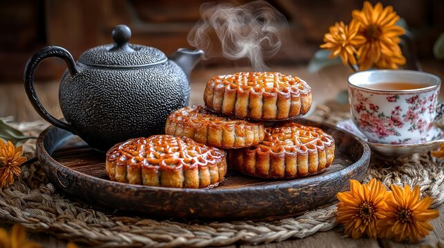 Mooncakes, tea, and autumnal flowers.  A dark teapot, steaming hot mooncakes, and a floral teacup, surrounded by warm autumn hues