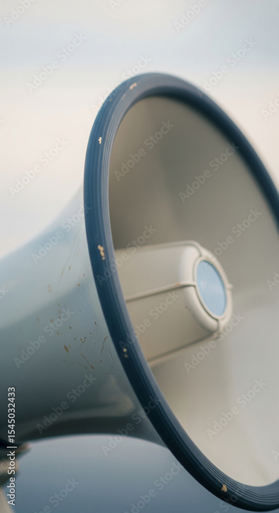 Poster close-up of a weathered light-grey megaphone with dark-grey rim, showing signs of use and age, repre