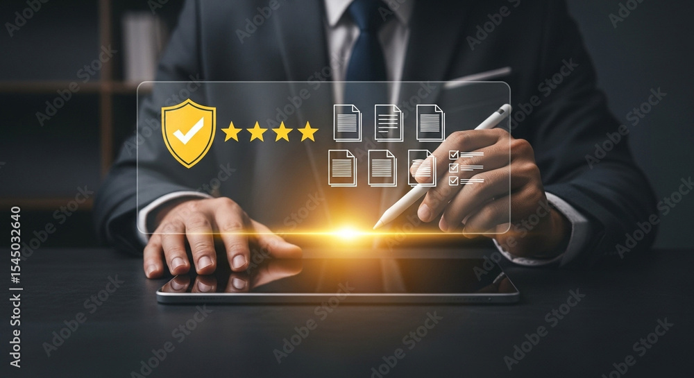 Leinwandbilder Man using tablet with digital documents and security shield for online data protection concept