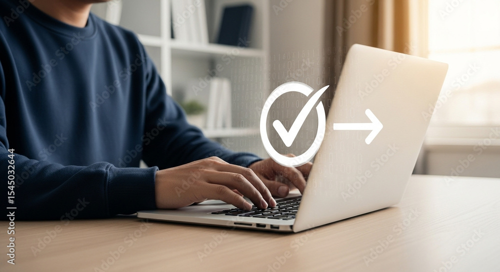 Poster A person types on a laptop with a checkmark and arrow overlayed on the screen in a bright room