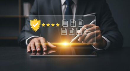 Man using tablet with digital documents and security shield for online data protection concept