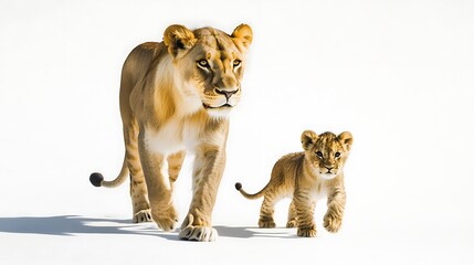 Lioness and Cub Walking Together with Golden Fur in Bright Light on White Background