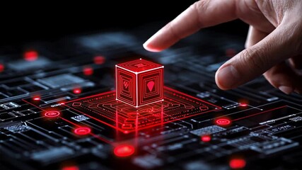 A close-up shot of a human finger about to interact with a glowing red, holographic cube suspended above a complex, futuristic circuit board. - Powered by Adobe