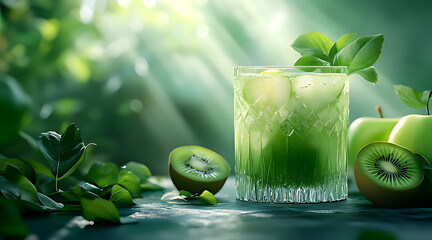 A glass of green juice with apple and kiwi fress