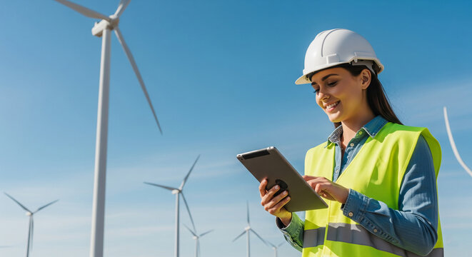Woman engineer using tablet, wind turbines background, showcasing renewable energy concept