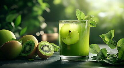 A glass of green juice with apple and kiwi fress