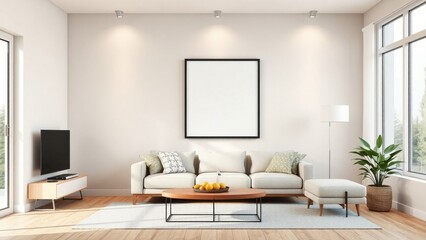 Fototapeta premium Frame mockup, ISO A paper size. Living room wall poster mockup. Interior mockup with house background. Modern interior design. 3D render