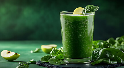 A glass of green juice with apple and kiwi fress