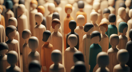Obraz premium Close-up of many small wooden figures, diverse in color, standing closely together, symbolizing community, unity, and diversity