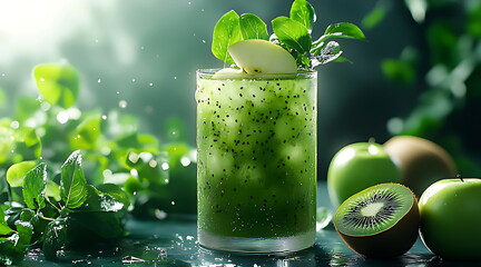 A glass of green juice with apple and kiwi fress
