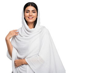 Elegant young Middle Eastern woman in a white hijab smiling confidently, isolated on transparent background, ideal for cultural, fashion, or lifestyle themes