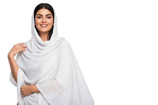 Elegant young Middle Eastern woman in a white hijab smiling confidently, isolated on transparent background, ideal for cultural, fashion, or lifestyle themes