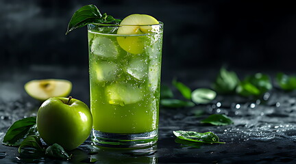 A glass of green juice with apple and kiwi fress