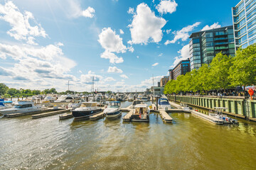 Fototapeta premium Marina at the Wharf filled with boats and blue skies in Washington D.C.