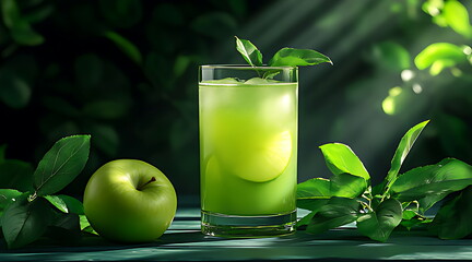 A glass of green juice with apple and kiwi fress