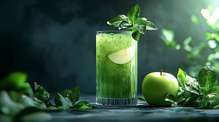 A glass of green juice with apple and kiwi fress