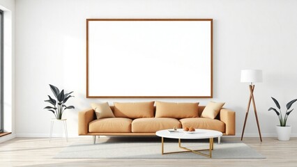 Frame mockup, ISO A paper size. Living room wall poster mockup. Interior mockup with house background. Modern interior design. 3D render
