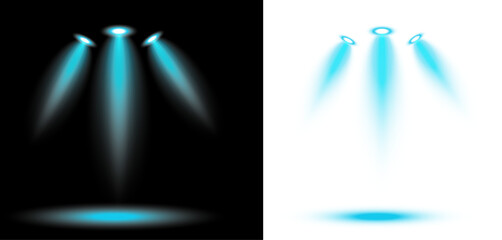 Vector design of blue beam spotlight with glowing halo, shown on black and transparent background, isolated lighting effect for concert, stage, theater, or event scene design