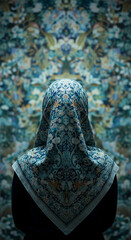 Back view of person wearing patterned headscarf against ornate background, showcasing textile texture and design detail, representing cultural heritage and modesty