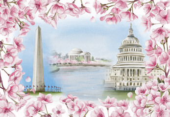 National Cherry Blossom Festival in Washington D.C. Postcard with cherry blossoms and landmarks of the US capital. Watercolor illustration. Sketch. Hand drawing.