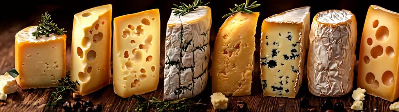 Group of cheese slices with different types of cheese food background