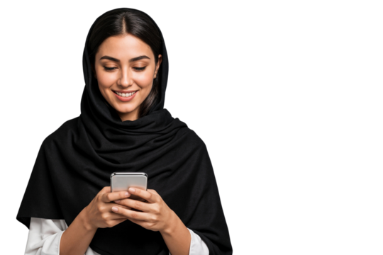 Beautiful Middle Easter woman holding and using smartphone, isolated on transparent background. Concept of modern communication, technology, and cultural identity - Powered by Adobe