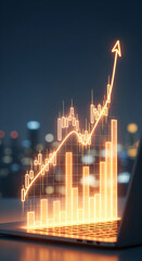 Laptop displaying glowing orange financial graph, upward trend arrow, city lights background, showcasing growth, success, and investment potential