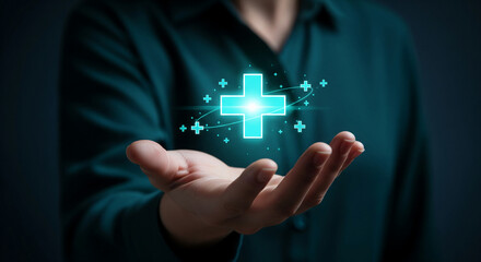 Hand holding glowing teal cross symbol, representing healthcare, medicine, technology, or digital health solutions.  Clean design ideal for medical app or website