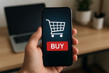 A hand holding a smartphone displaying a shopping cart and red 'Buy' button for purchases.