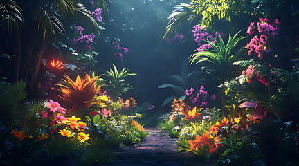 tropical dark trend jungle neon illuminated lighting exotic palms plants retro style