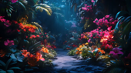 tropical dark trend jungle neon illuminated lighting exotic palms plants retro style