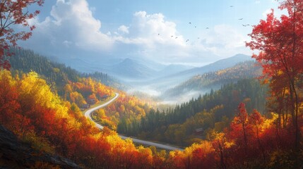 Scenic Autumn Road Through Colorful Forest Valley Majestic Mountains
