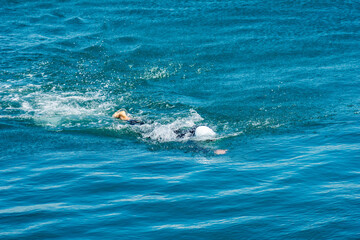 Triathlon Training: Swimmer Perfecting their Stroke in the Sea