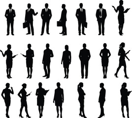 Professional Business People Silhouettes Collection, Diverse Group of Men and Women Posing, Standing, and Walking, Ideal for Corporate, Finance, and Marketing Design Projects
