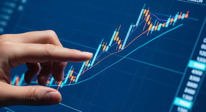 Close-up of hand interacting with financial chart on screen, showing upward trend. Represents growth, investment, analysis, and market trends.  Ideal for finance or business.