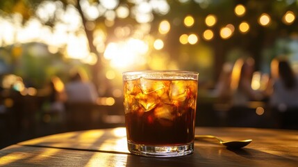 Refreshing Iced Coffee on Wooden Table at Sunset Cafe