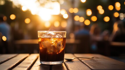 Refreshing Iced Coffee on a Wooden Table at Sunset Perfect for Summer Drinks Advertising