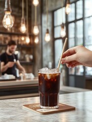 Iced Coffee Refreshment Served in Trendy Cafe with Person Stirring Drink with Straw
