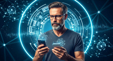 Man with glasses using two smartphones against a futuristic, glowing blue technological background, showcasing digital connectivity and modern technology