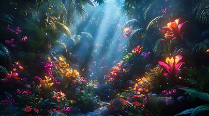 tropical dark trend jungle neon illuminated lighting exotic palms plants retro style
