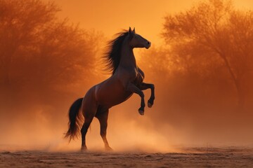 Majestic horse rearing in the sunset glow during a serene evening in the desert