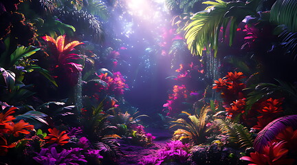 tropical dark trend jungle neon illuminated lighting exotic palms plants retro style