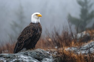Majestic bald eagle perched on a rock in a misty landscape during early morning hours