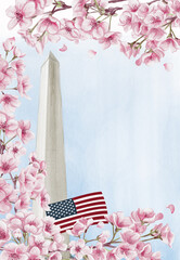 Washington Monument in Washington, D.C. National Cherry Blossom Festival. Frame with pink flowers. Watercolor illustration, hand drawing. Sketch. Template for a postcard or souvenir.
