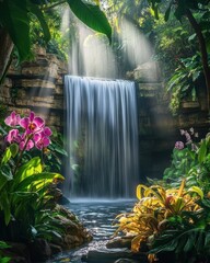 Serene Waterfall in Lush Tropical Garden Oasis with Sunlight and Plants