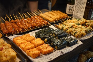 Korean Street Food Delights Featuring Tteokbokki Gimbap and Skewers in a Vibrant Display