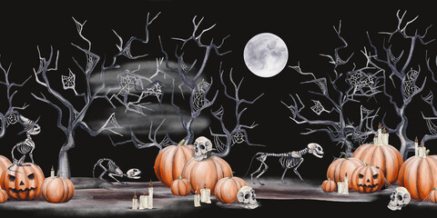  Seamless border with cat skeletons and scary forest. Halloween decor. Pumpkins and skulls. Candles are burning. Full moon. Dark scenes. Watercolor illustration. Hand drawing.