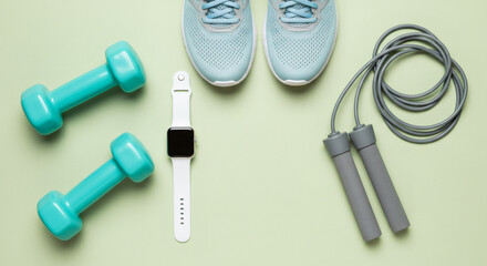 Workout flat-lay with sneakers, dumbbell, skipping rope, headphones and watch on green background top view 03