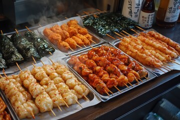 Variety of Korean Street Food Skewers on Display at a Market Stall